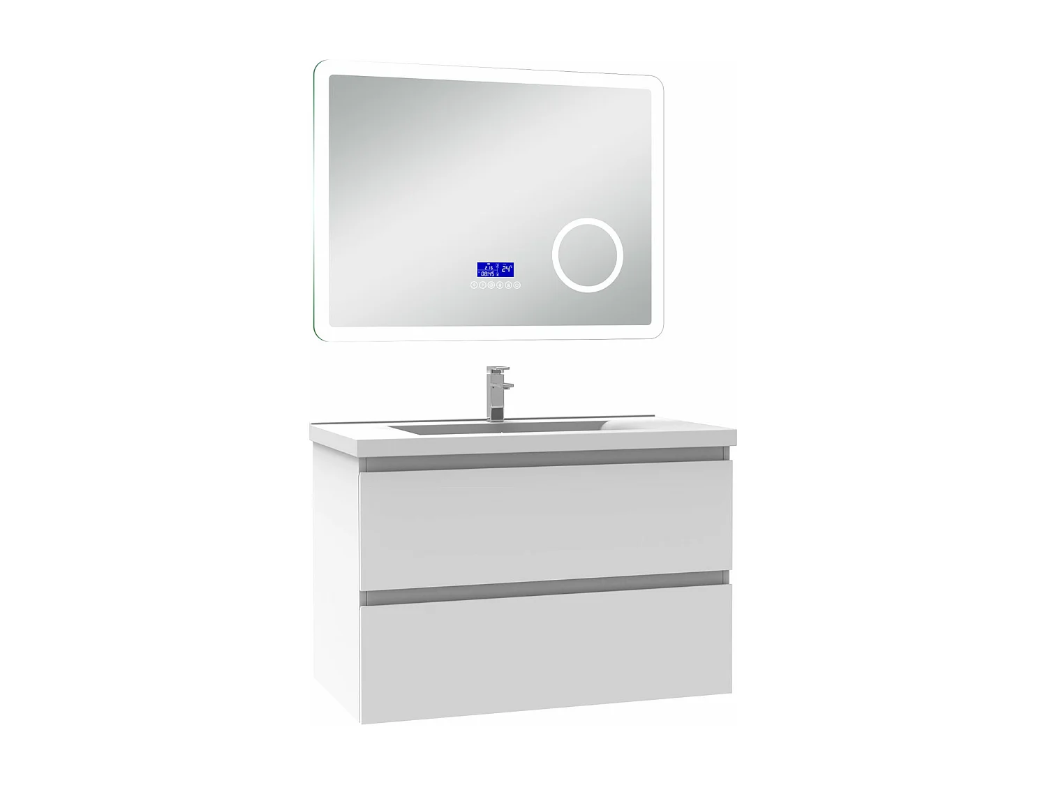 AICA Ensemble meuble Salle de Bain 80cm blanc avec simple vasque et Led miroir dimmable avec 3 couleurs+Bluetooth+3X grossissement