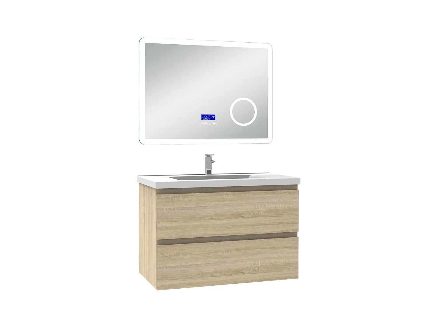 AICA Ensemble meuble Salle de Bain 80cm Chêne Wotan avec simple vasque et Led miroir dimmable avec 3 couleurs+Bluetooth+3X grossissement