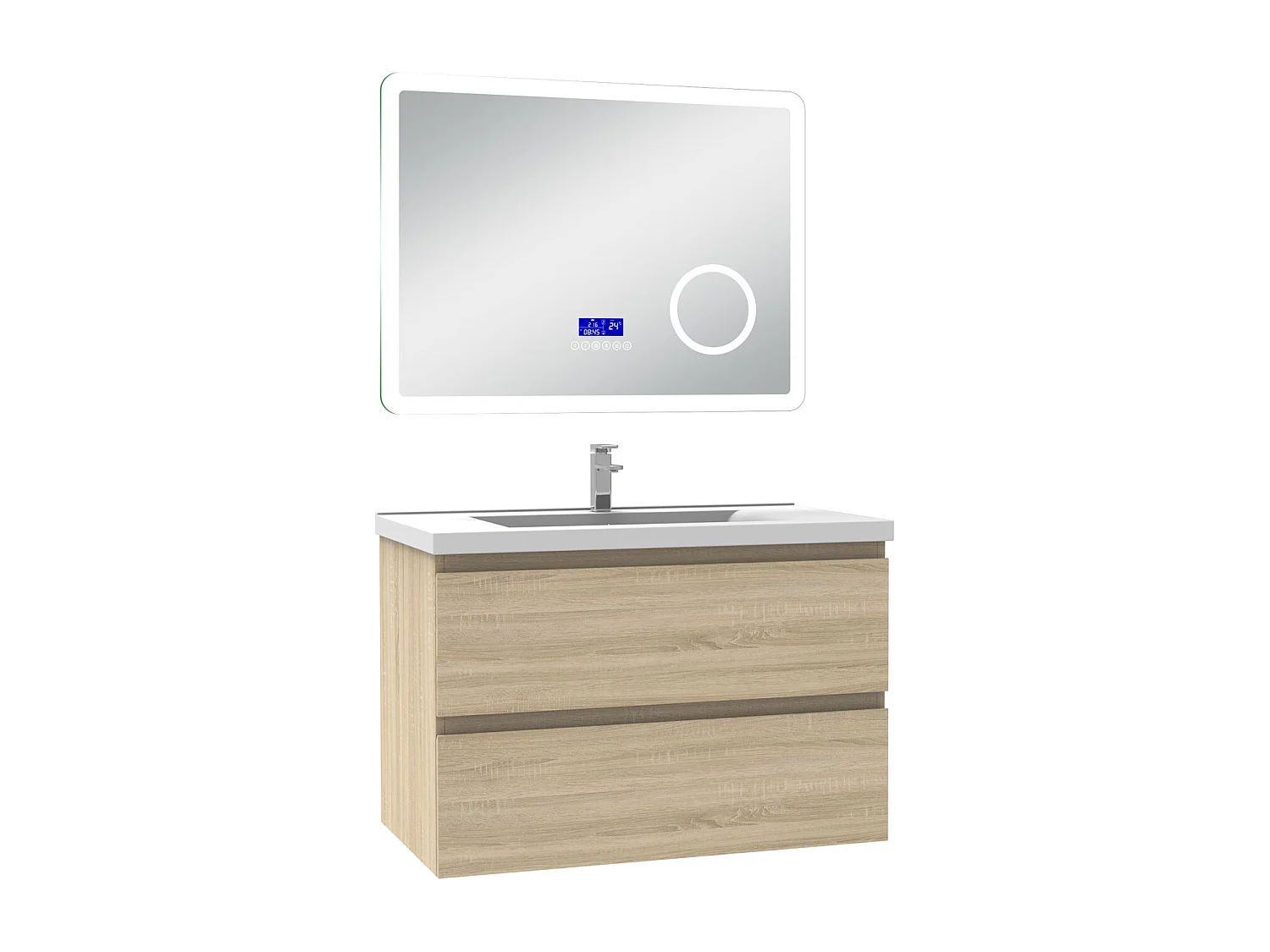 AICA Ensemble meuble Salle de Bain 80cm Chêne Wotan avec simple vasque et Led miroir dimmable avec 3 couleurs+Bluetooth+3X grossissement