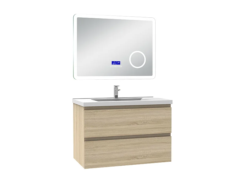 AICA Ensemble meuble Salle de Bain 80cm Chêne Wotan avec simple vasque et Led miroir dimmable avec 3 couleurs+Bluetooth+3X grossissement