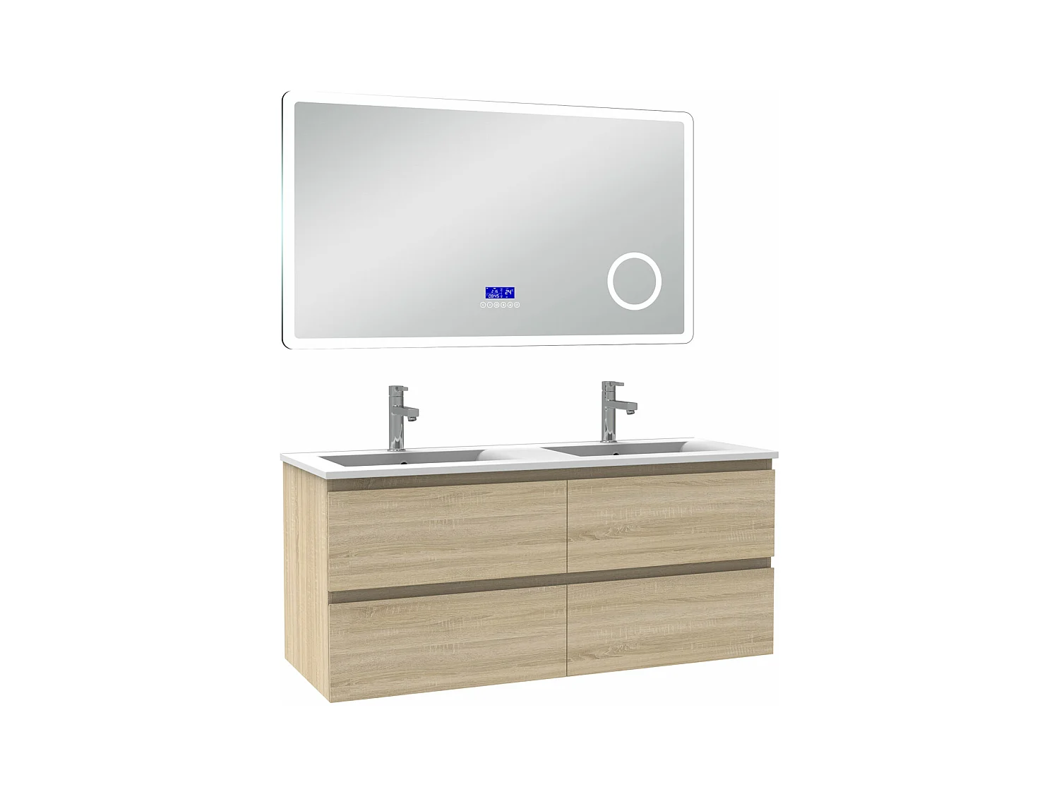 AICA Ensemble meuble Salle de Bain 120cm Chêne Wotan avec double vasque et Led miroir dimmable avec 3 couleurs+Bluetooth+3X grossissement