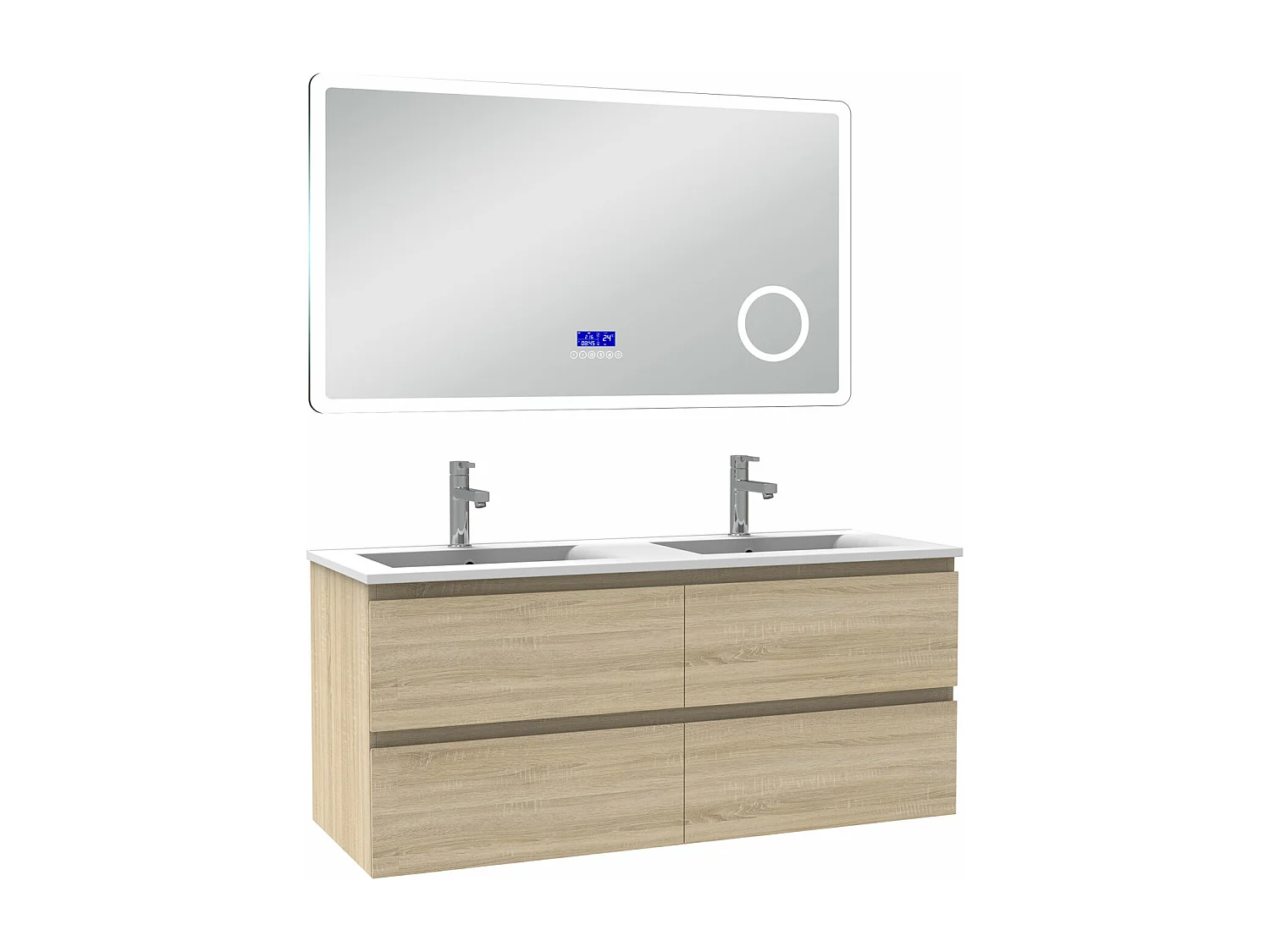 AICA Ensemble meuble Salle de Bain 120cm Chêne Wotan avec double vasque et Led miroir dimmable avec 3 couleurs+Bluetooth+3X grossissement