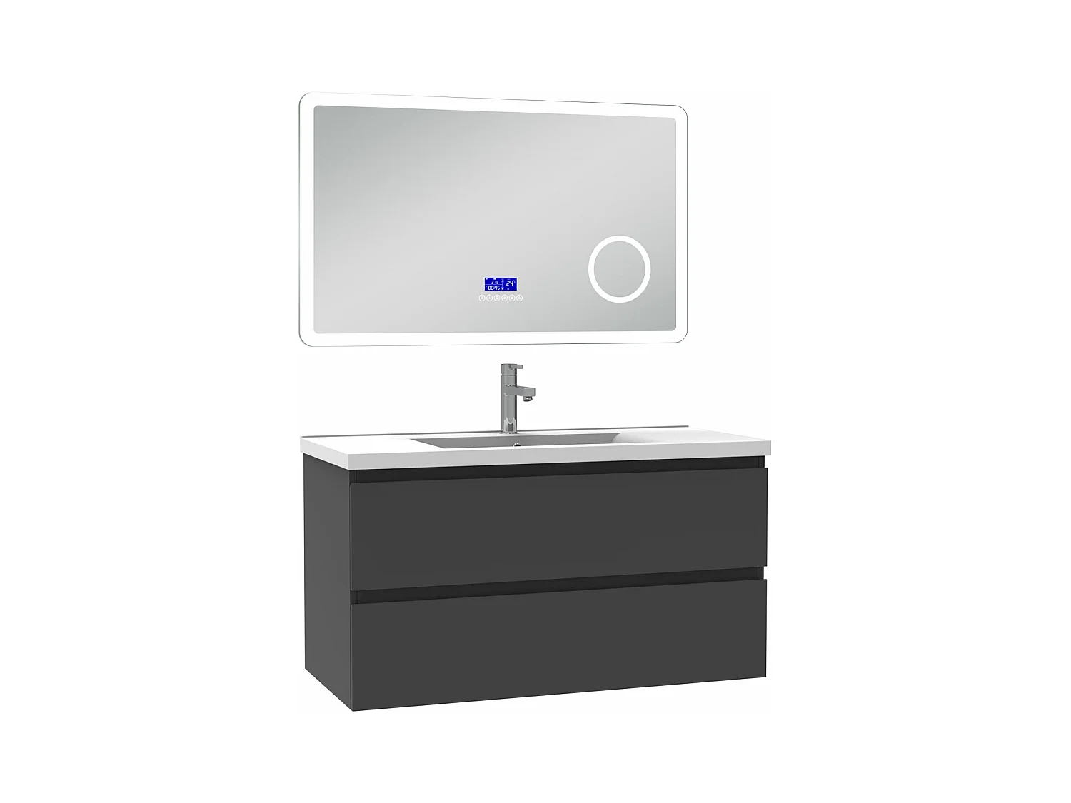 AICA Ensemble meuble Salle de Bain 100cm Anthracite avec simple vasque et Led miroir dimmable avec 3 couleurs+Bluetooth+3X grossissement