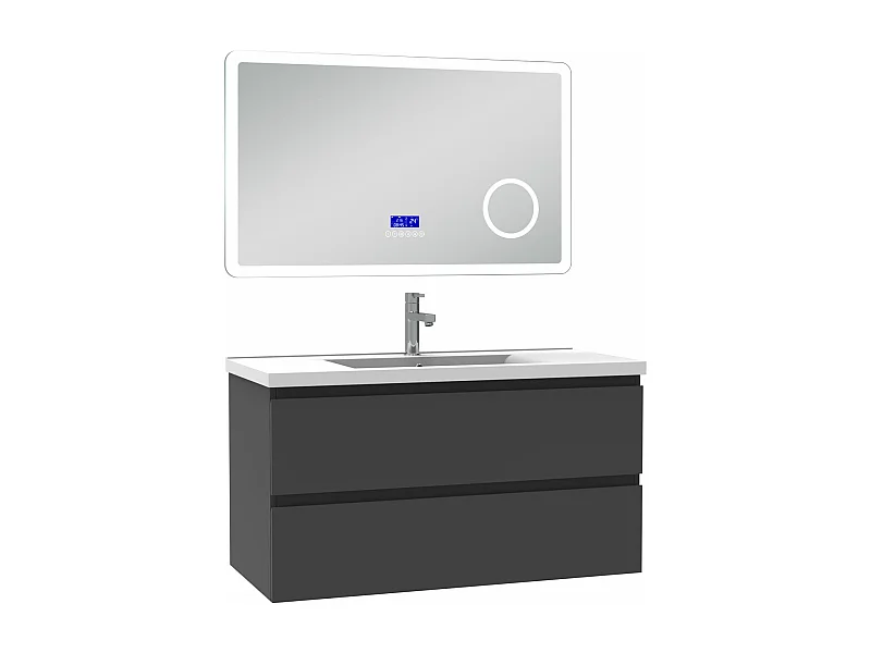 AICA Ensemble meuble Salle de Bain 100cm Anthracite avec simple vasque et Led miroir dimmable avec 3 couleurs+Bluetooth+3X grossissement