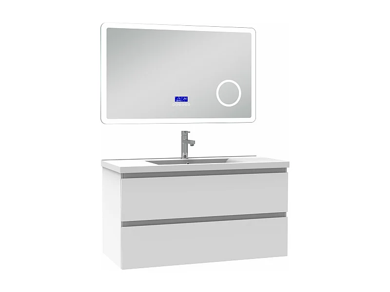 AICA Ensemble meuble Salle de Bain 100cm blanc avec simple vasque et Led miroir dimmable avec 3 couleurs+Bluetooth+3X grossissement