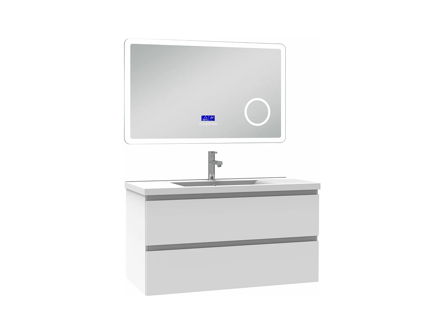 AICA Ensemble meuble Salle de Bain 100cm blanc avec simple vasque et Led miroir dimmable avec 3 couleurs+Bluetooth+3X grossissement
