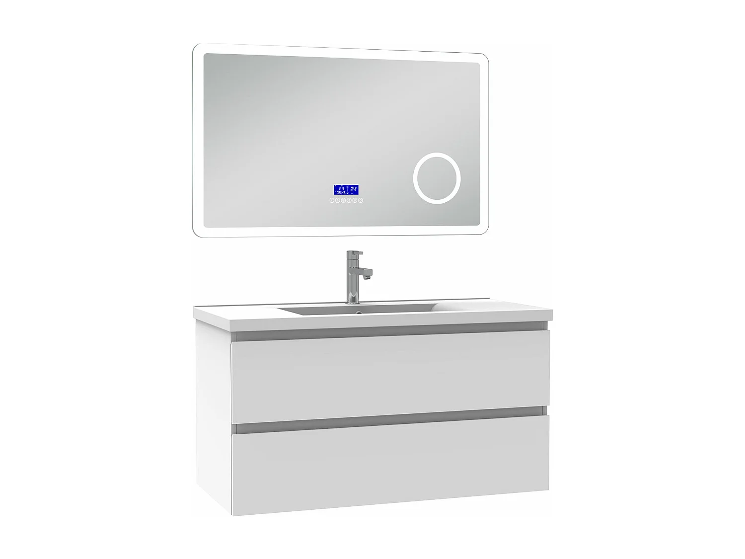 AICA Ensemble meuble Salle de Bain 100cm blanc avec simple vasque et Led miroir dimmable avec 3 couleurs+Bluetooth+3X grossissement