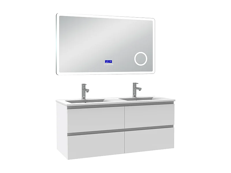 AICA Ensemble meuble Salle de Bain 120cm blanc avec double vasque et Led miroir dimmable avec 3 couleurs+Bluetooth+3X grossissement