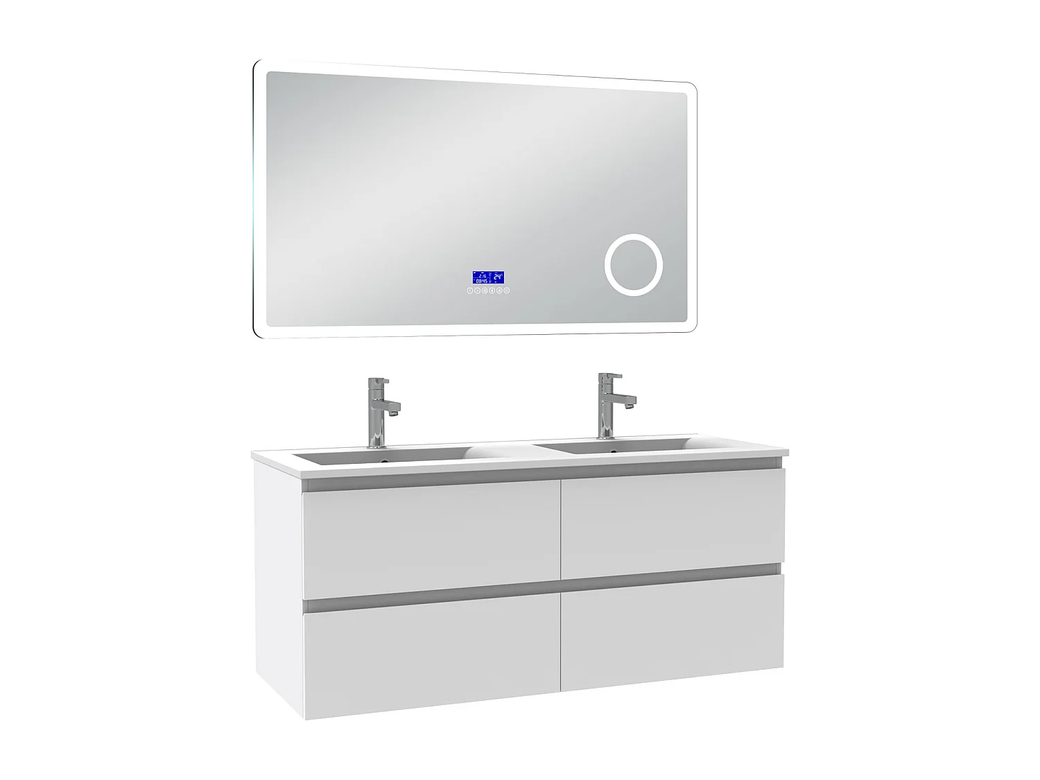 AICA Ensemble meuble Salle de Bain 120cm blanc avec double vasque et Led miroir dimmable avec 3 couleurs+Bluetooth+3X grossissement