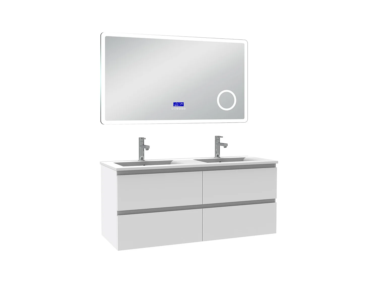 AICA Ensemble meuble Salle de Bain 120cm blanc avec double vasque et Led miroir dimmable avec 3 couleurs+Bluetooth+3X grossissement