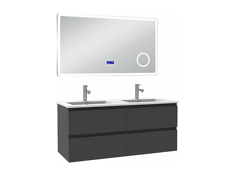 AICA Ensemble meuble Salle de Bain 120cm Anthracite avec double vasque et Led miroir dimmable avec 3 couleurs+Bluetooth+3X grossissement