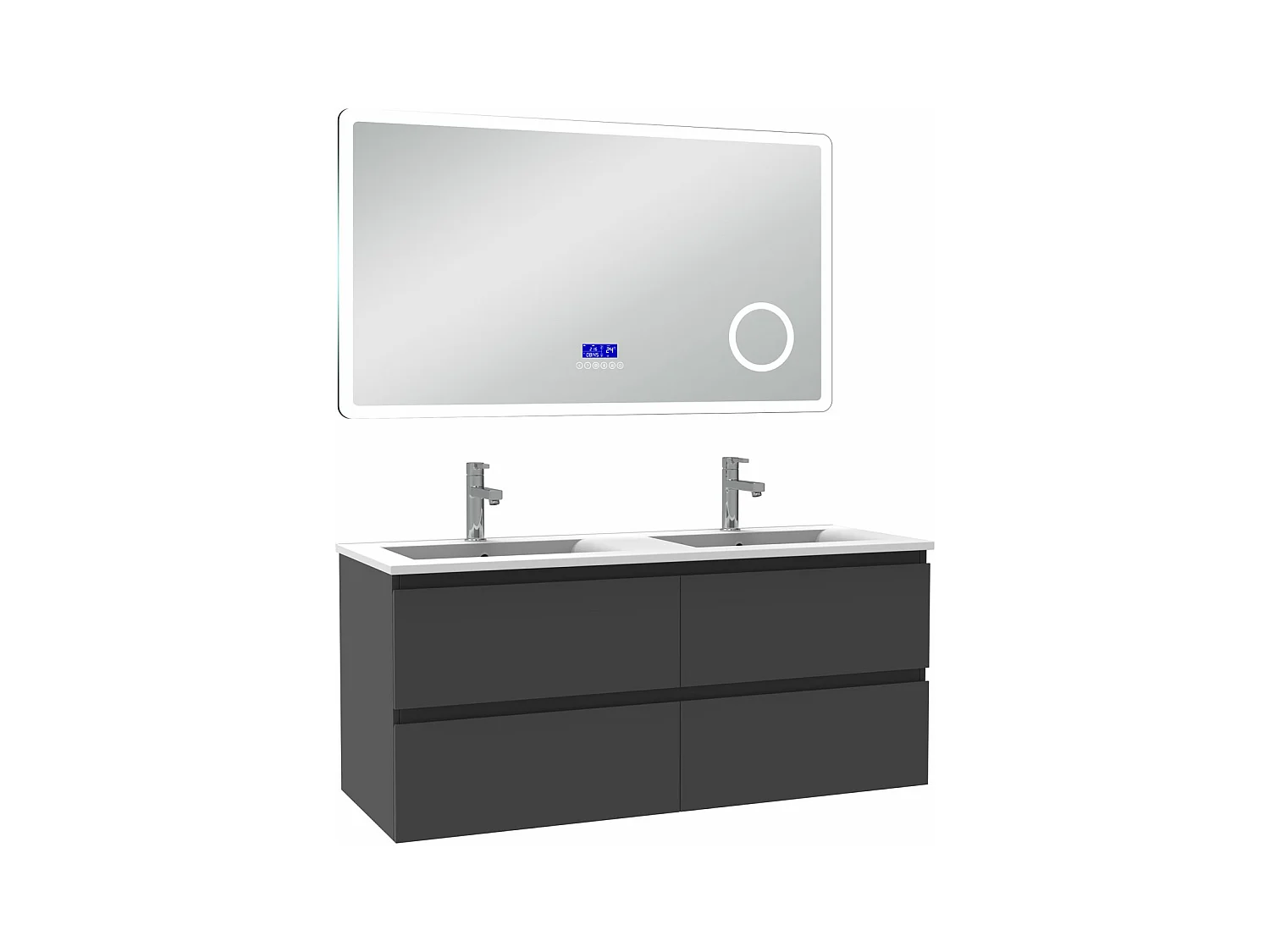 AICA Ensemble meuble Salle de Bain 120cm Anthracite avec double vasque et Led miroir dimmable avec 3 couleurs+Bluetooth+3X grossissement