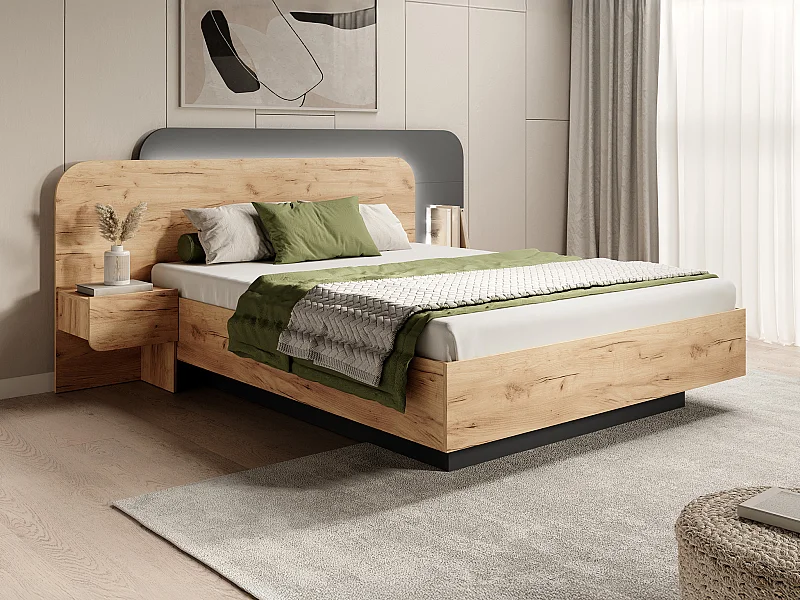 Bett mit Nachttischen - 160 x 200 cm - Mit LED-Beleuchtung - Holzfarben & Anthrazit + Lattenrost - DESADO