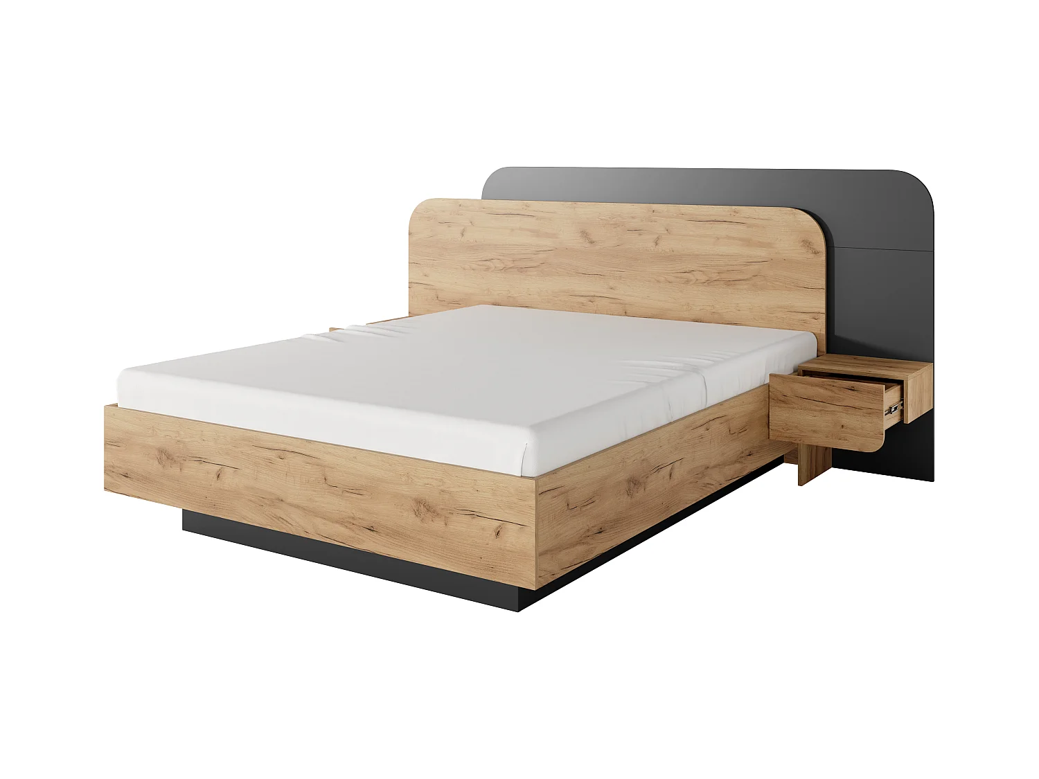 Bett mit Nachttischen - 160 x 200 cm - Mit LED-Beleuchtung - Holzfarben & Anthrazit + Lattenrost - DESADO