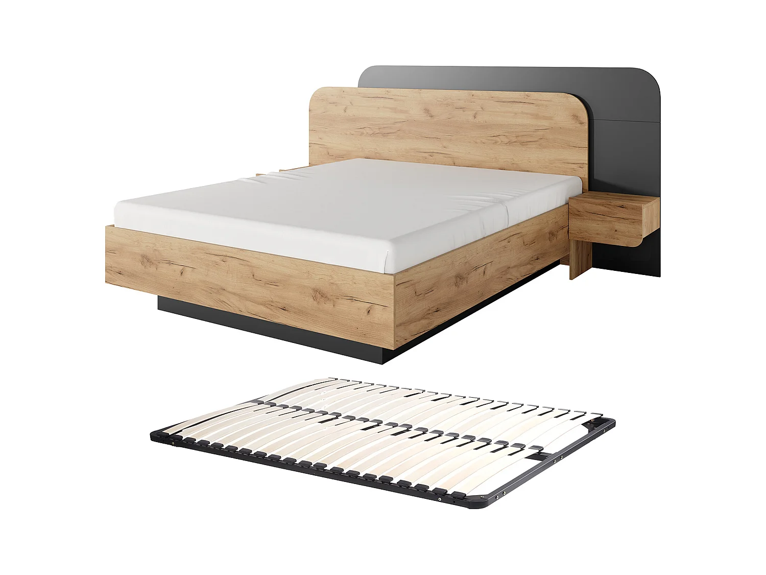 Bett mit Nachttischen - 160 x 200 cm - Mit LED-Beleuchtung - Holzfarben & Anthrazit + Lattenrost - DESADO