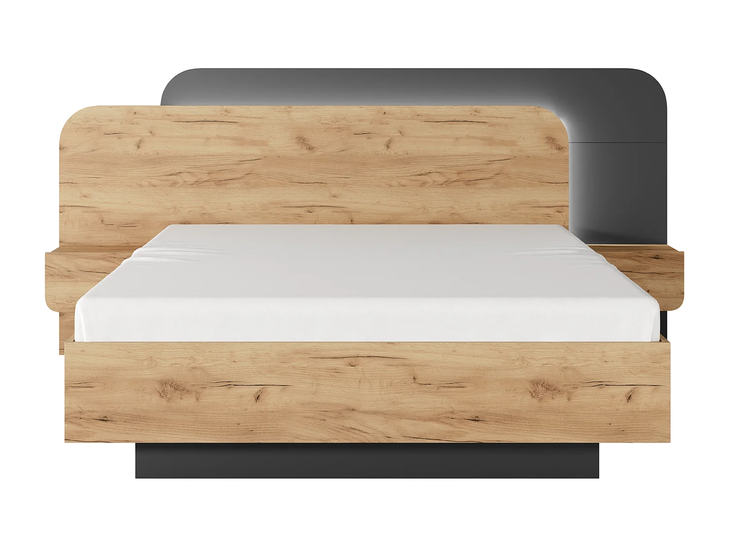 Lit avec chevets 160 x 200 cm - Avec LEDs - Coloris : Naturel et anthracite + Sommier - DESADO