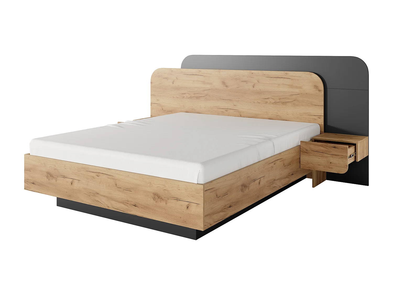 Lit avec chevets 160 x 200 cm - Avec LEDs - Coloris : Naturel et anthracite + Sommier - DESADO