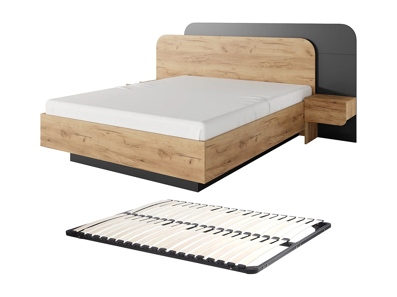 Lit avec chevets 160 x 200 cm - Avec LEDs - Coloris : Naturel et anthracite + Sommier - DESADO