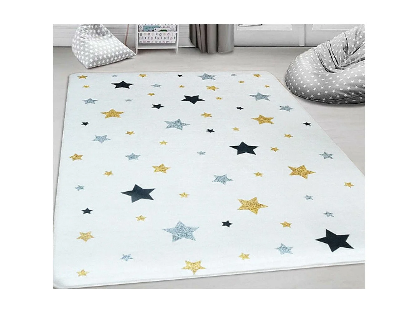 Tapis chambre enfant 80x150 cm Polyester Etoile Ecru