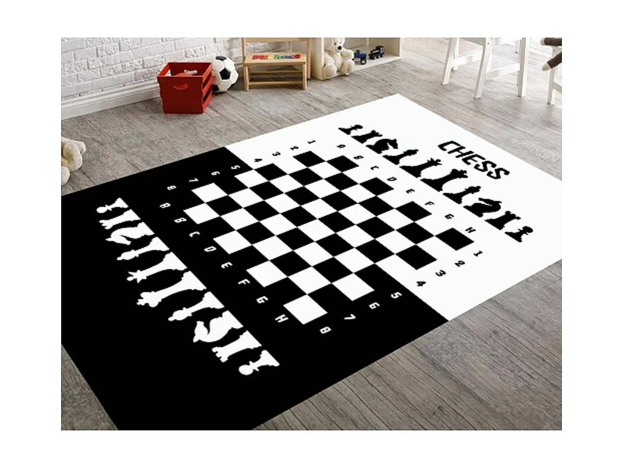 Kinderkamer tapijt met Schaken motief Zwart 80x150 cm van zacht en duurzaam polyester met antislip eigenschappen