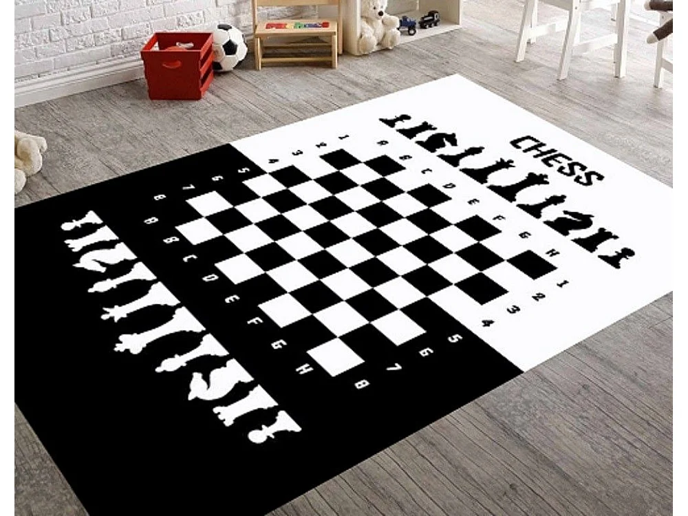Kinderkamer tapijt met Schaken motief Zwart 80x150 cm van zacht en duurzaam polyester met antislip eigenschappen