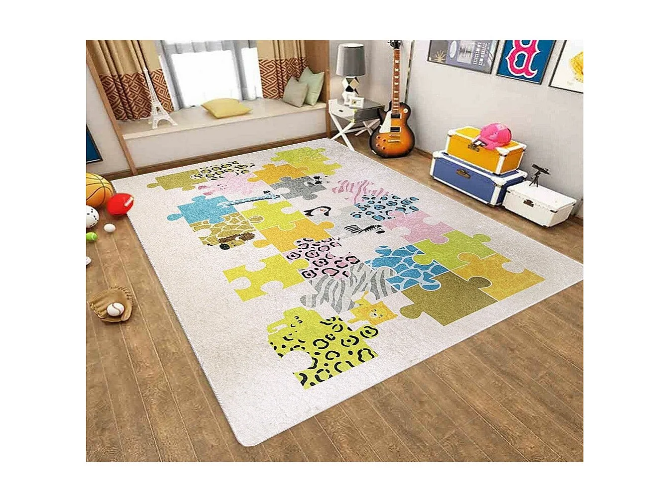 Tapete Puzzle Bege para quarto infantil em poliéster 80x150 cm