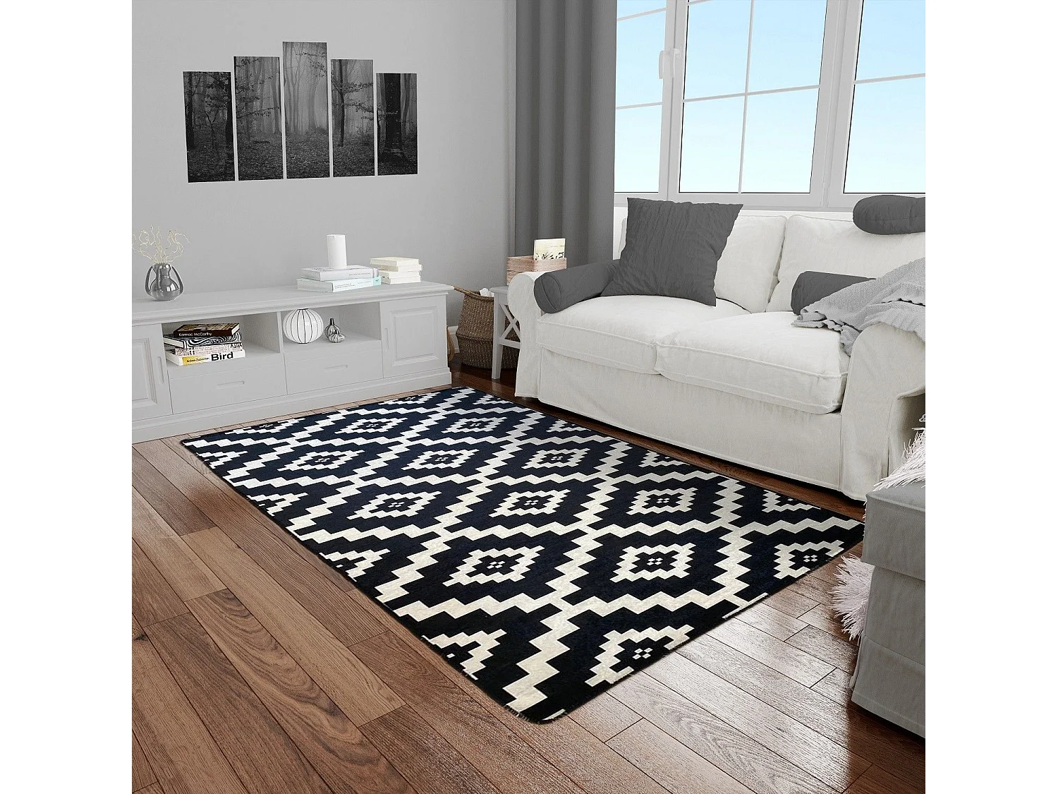 Tapis de salon 160x230 cm Polyester Black And White Scan