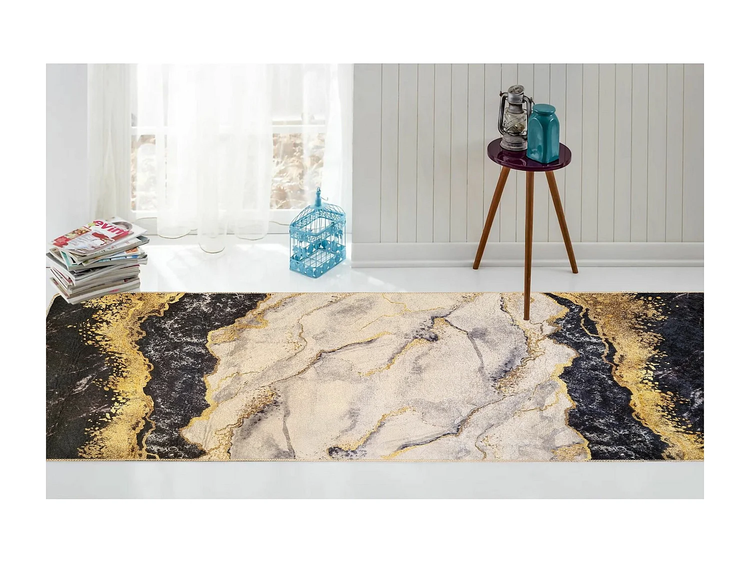 Tapis de salon 80x150 cm Polyester Gold Noir