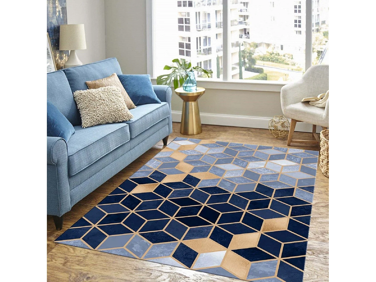 Tapis de salon 200x290 cm Polyester Luxe Bleu