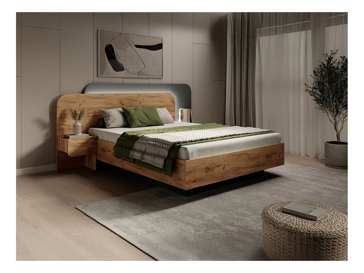 Bett mit Nachttischen - 160 x 200 cm - Mit LEDs - Holzfarben & Anthrazit - DESADO