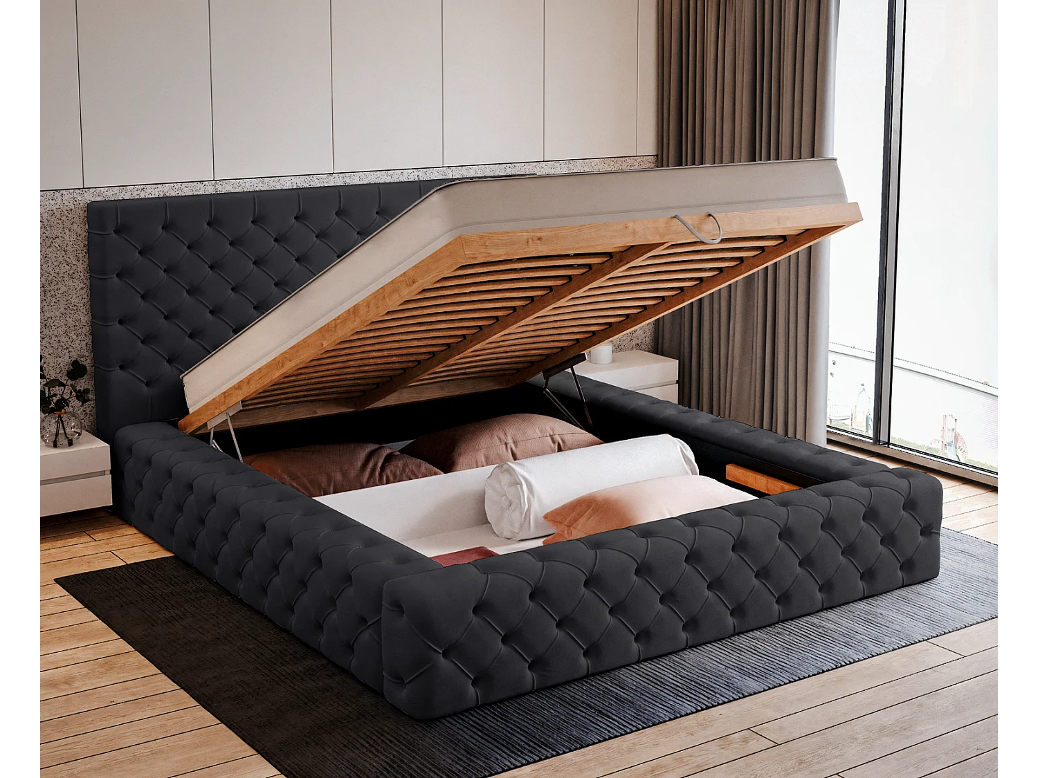 Emporius Gestoffeerd bed 180x200 Amor - opbergruimte en bedlade, bed Zwart (Elegance 21)