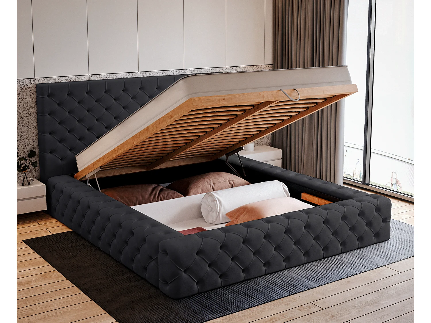 Emporius Lit double 180 x 200 Amor - Lit avec Rangment, Lit Noir (Elegance 21)