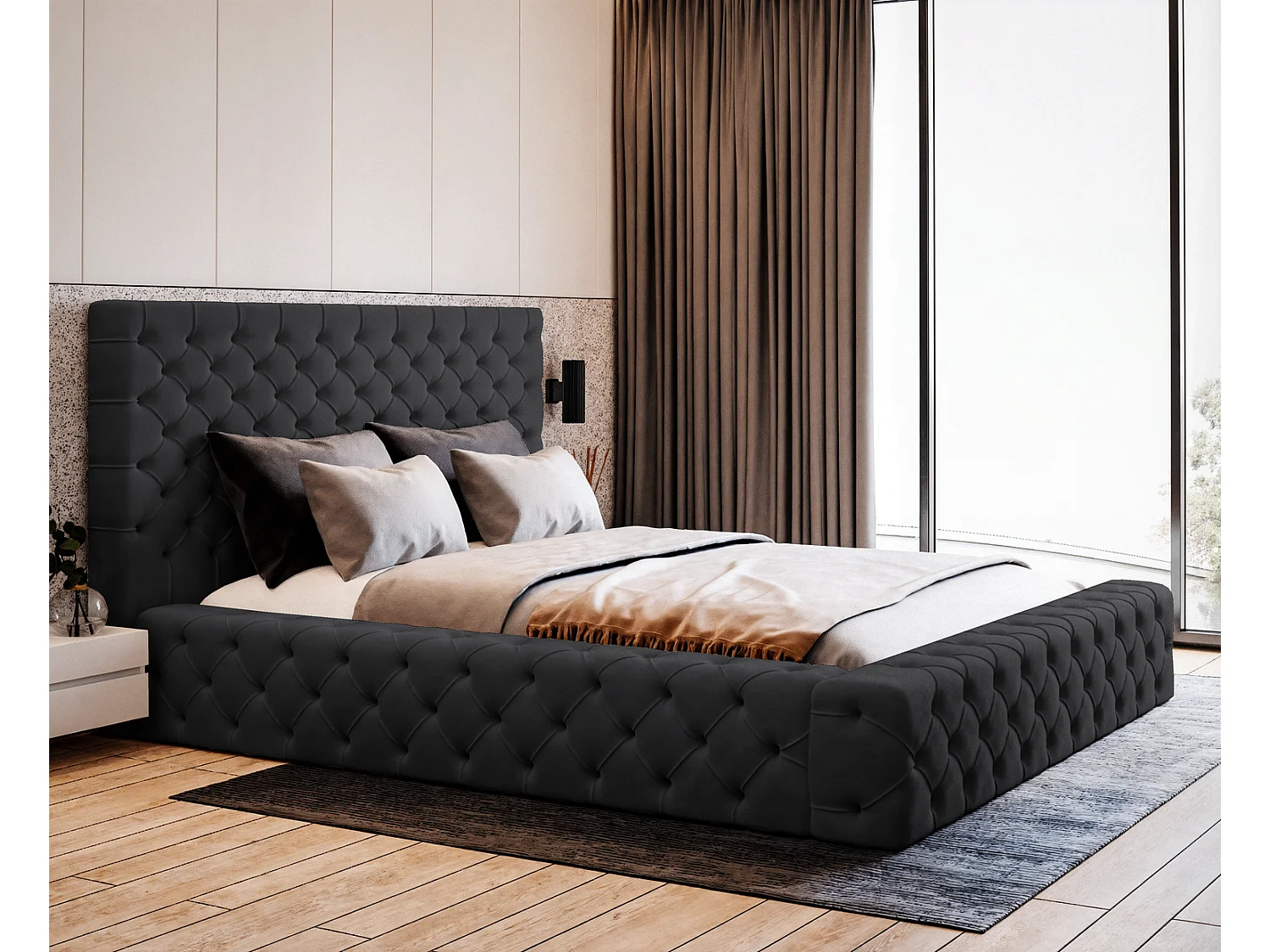 Emporius Polsterbett 160x200 Kyoto - Doppelbett vom Hersteller, Samtstoff, Bettkasten, Lattenrost - bett Bouclé Creme (Anthology 1)