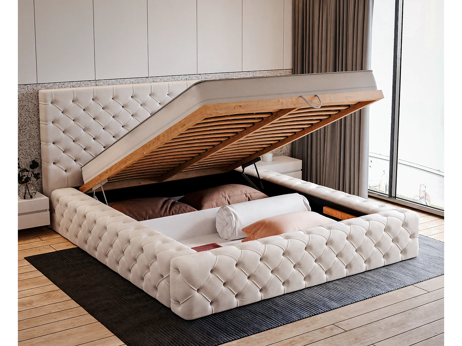 Emporius Lit double 140 x 200 Amor - Lit avec Rangment, Lit Beige (Elegance 2)