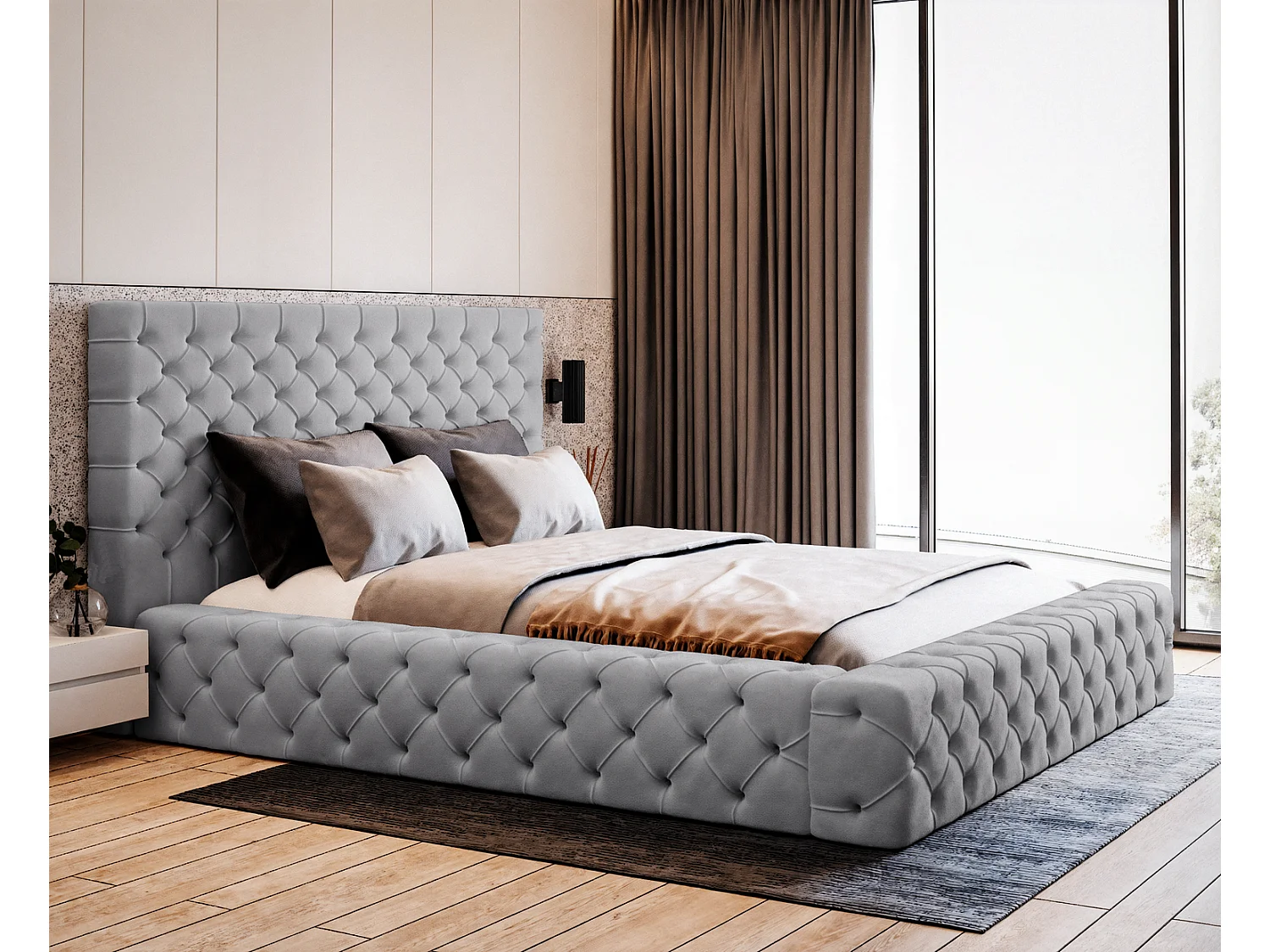 Emporius Polsterbett 140x200 Kyoto - Doppelbett vom Hersteller, Samtstoff, Bettkasten, Lattenrost - bett Bouclé Creme (Anthology 1)