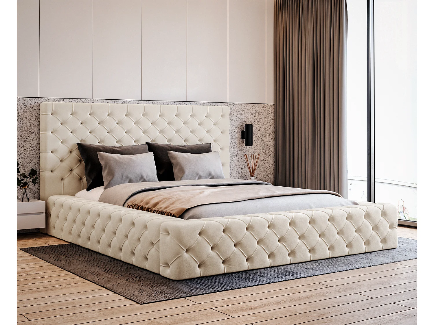 Emporius Lit double 160 x 200 Amor - Lit avec Rangment, Lit Beige (Elegance 2)