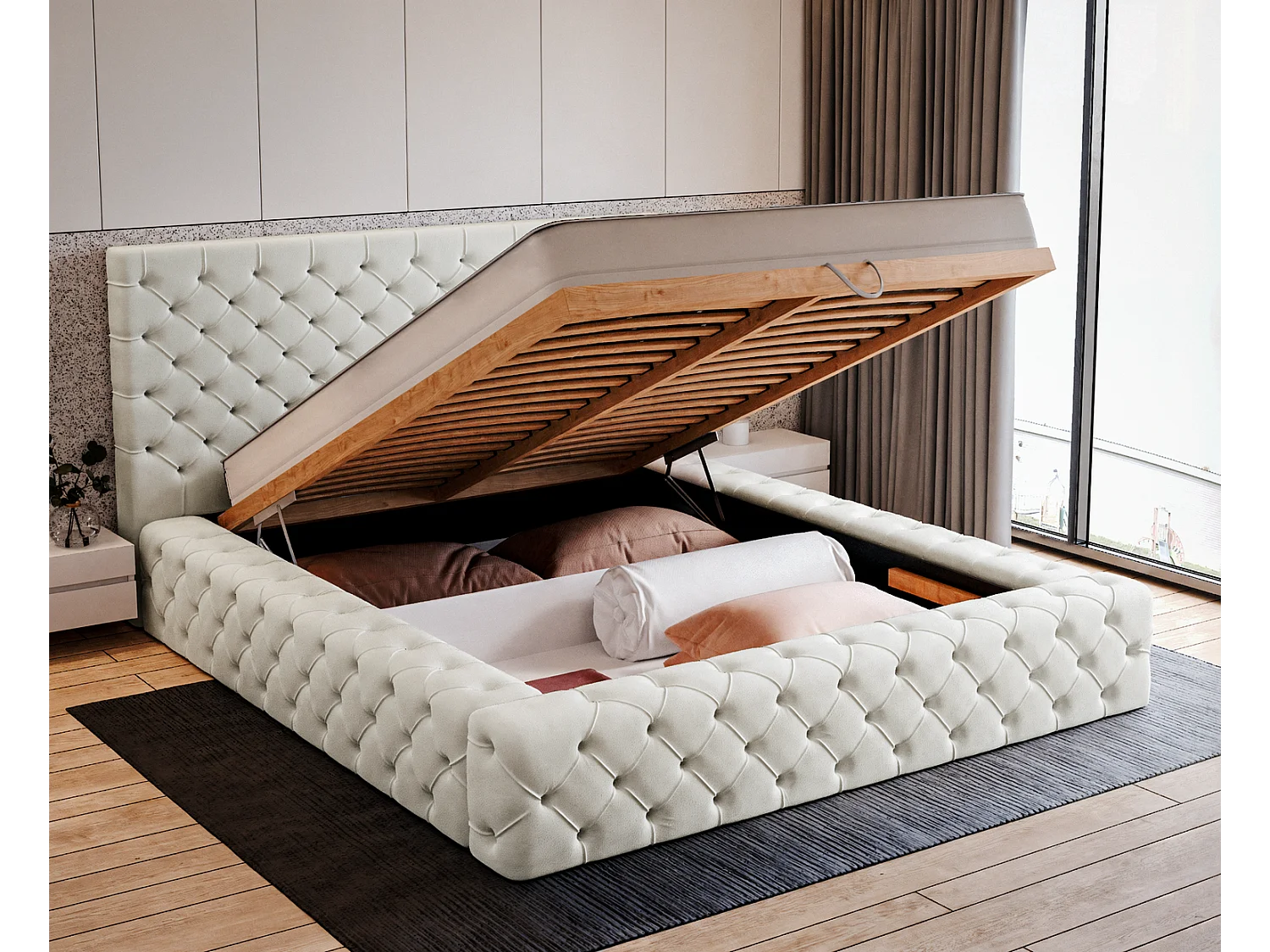 Emporius Lit double 140 x 200 Amor - Lit avec Rangment, Lit Crème (Elegance 1)