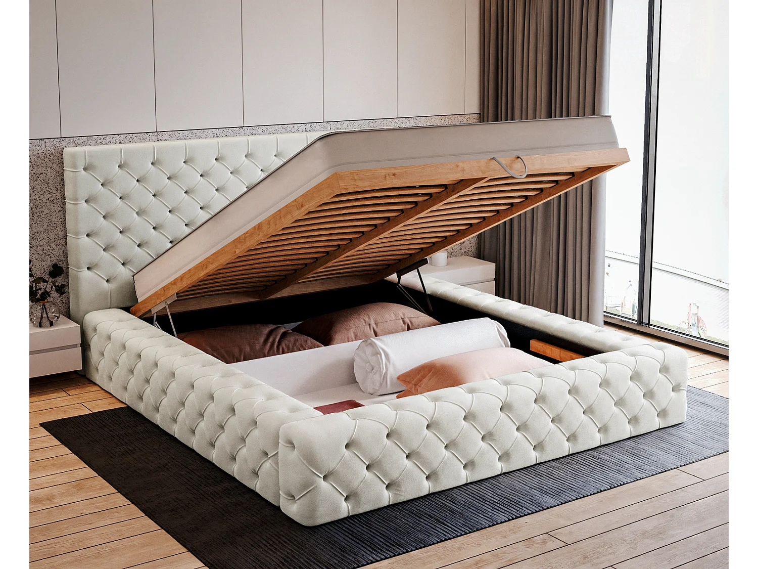 Emporius Gestoffeerd bed 160x200 Amor - opbergruimte en bedlade, bed Crème (Elegance 1)