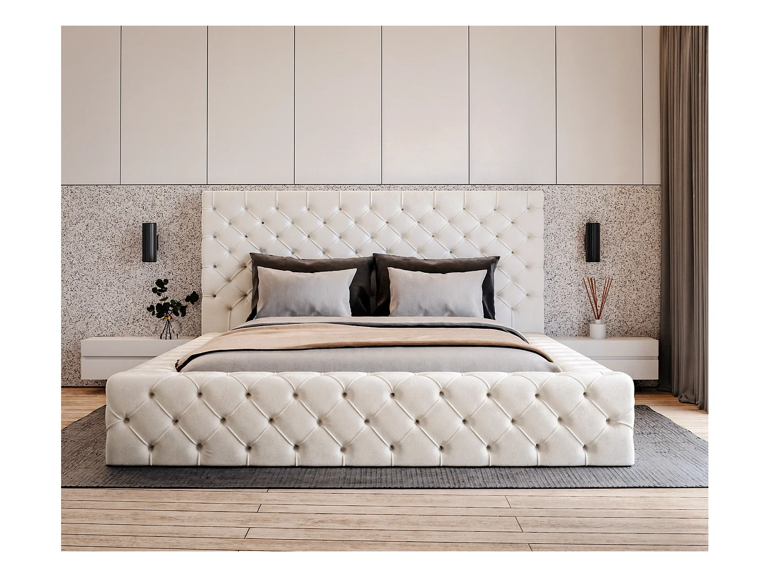 Emporius Lit double 160 x 200 Amor - Lit avec Rangment, Lit Crème (Elegance 1)