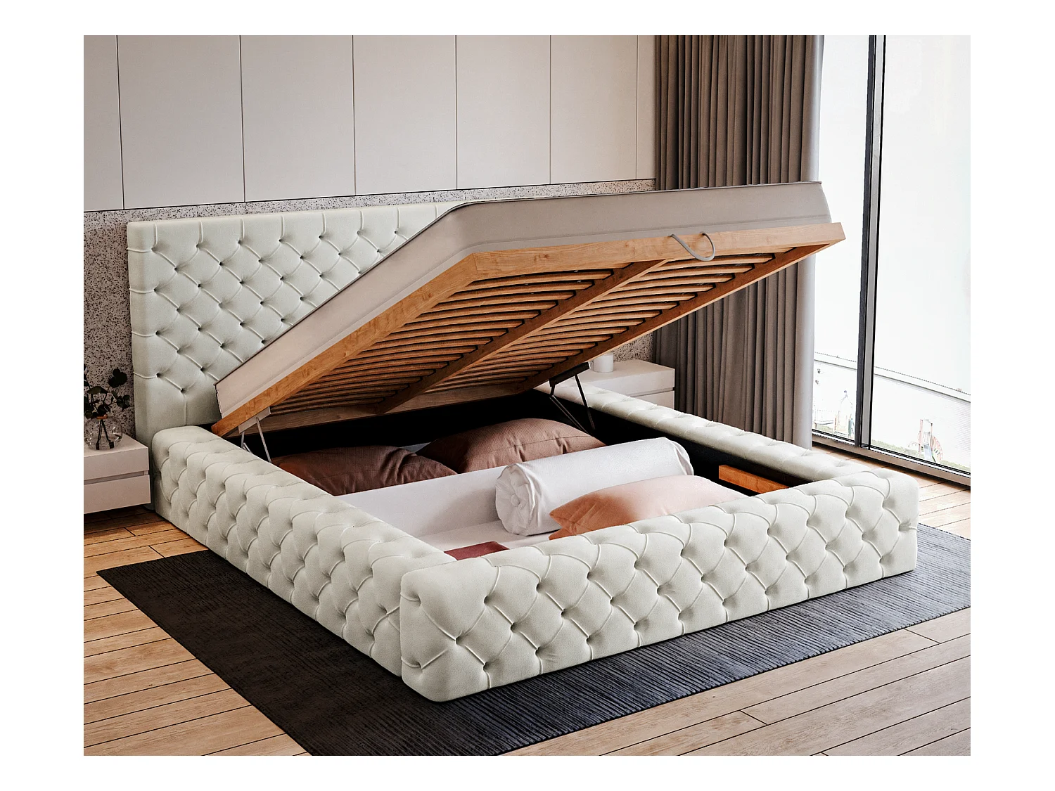 Emporius Lit double 160 x 200 Amor - Lit avec Rangment, Lit Crème (Elegance 1)