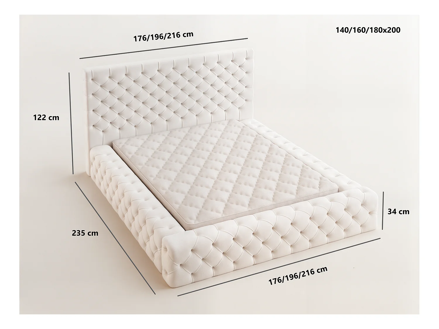 Emporius Lit double 160 x 200 Amor - Lit avec Rangment, Lit Crème (Elegance 1)