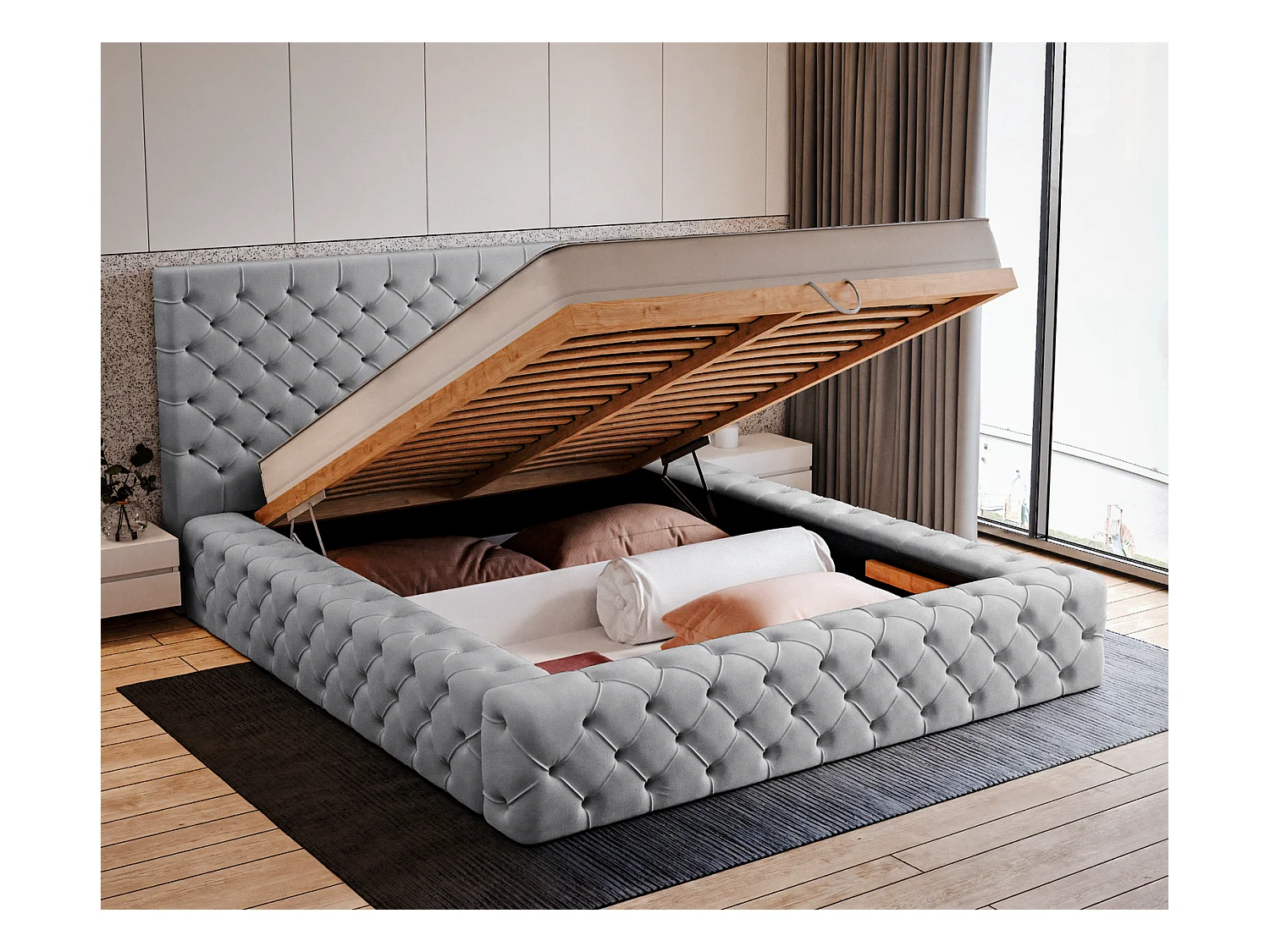 Emporius Lit double 160 x 200 Amor - Lit avec Rangment, Lit Gris (Elegance 19)