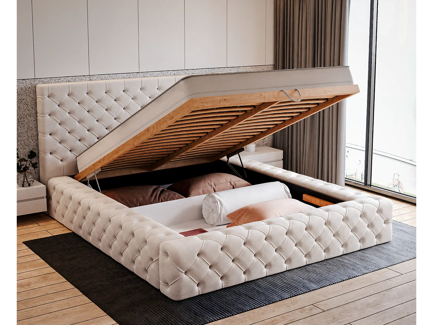 Emporius Gestoffeerd bed 180x200 Amor - opbergruimte en bedlade, bed Beige (Elegance 2)