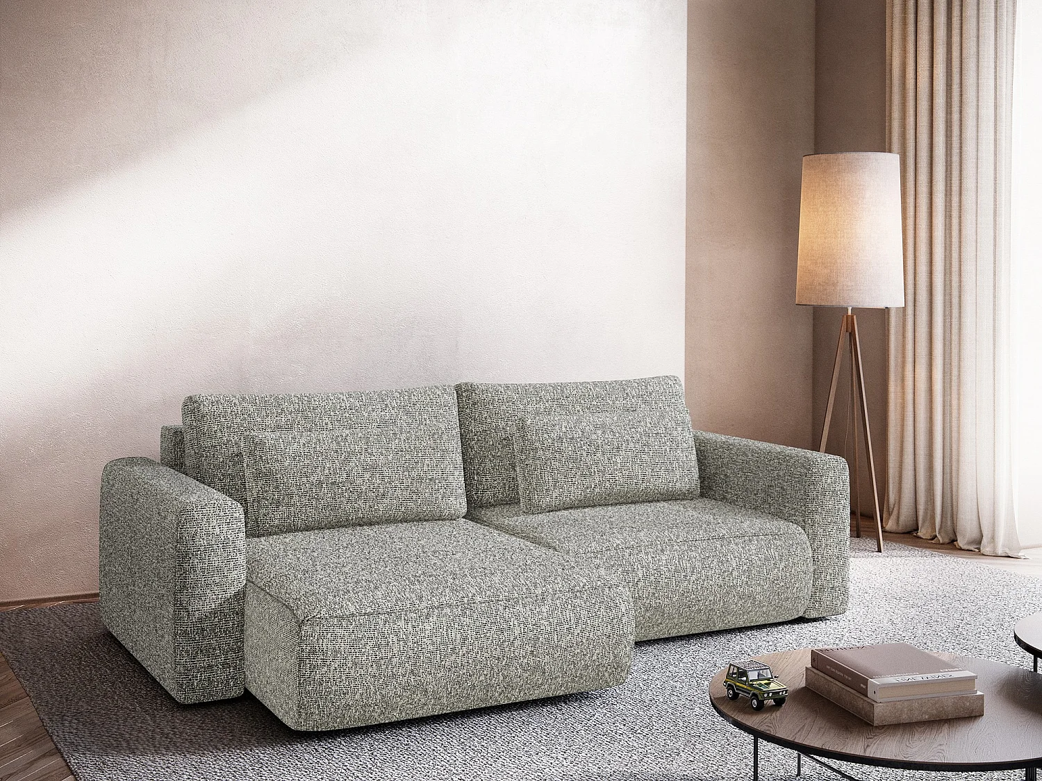 Hoekslaapbank links van donkerbeige textuurstof - KAPUA