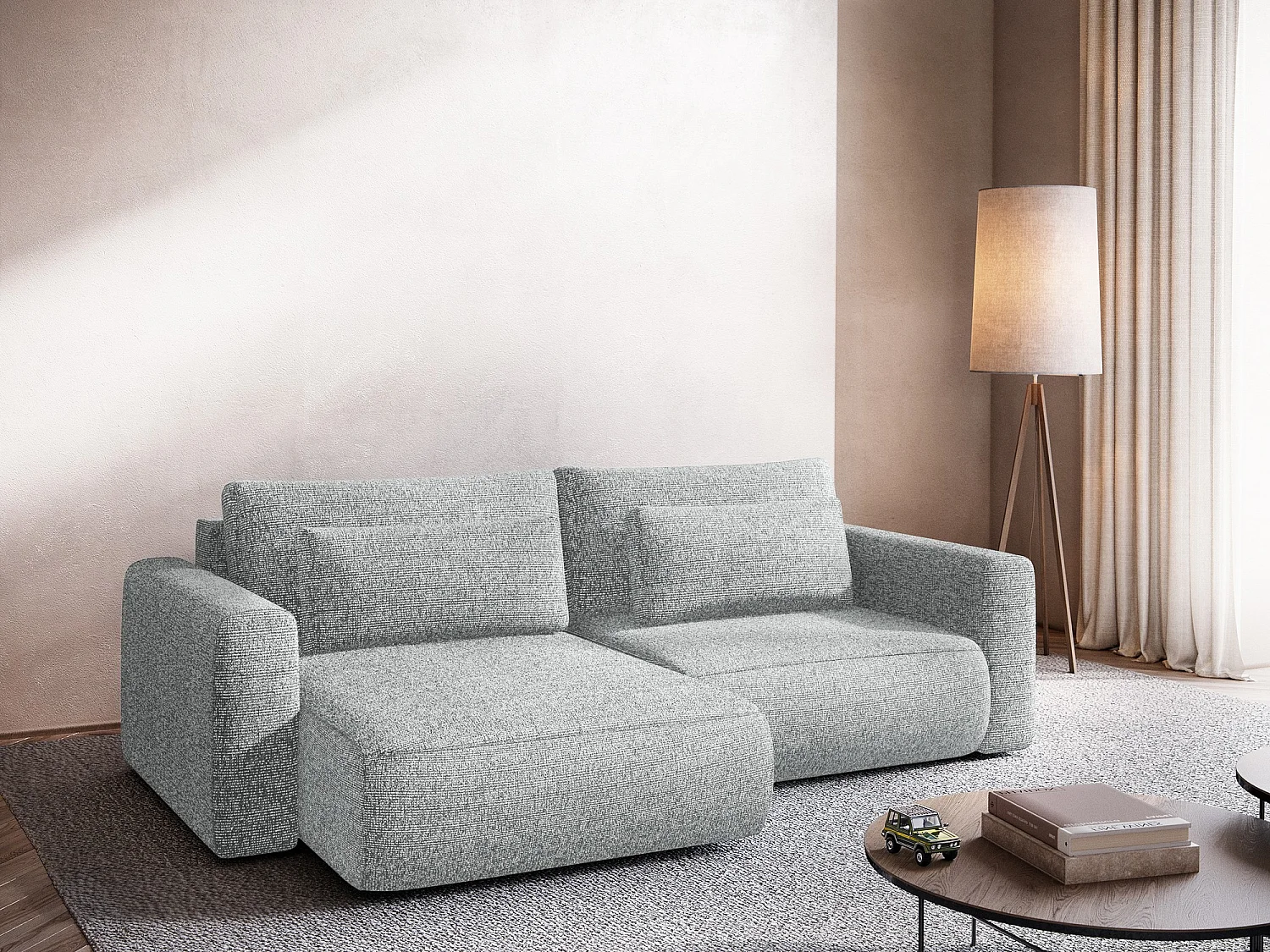 Narożnik lewostronny z funkcją spania - z tkaniny strukturalnej - srebrny - KAPUA