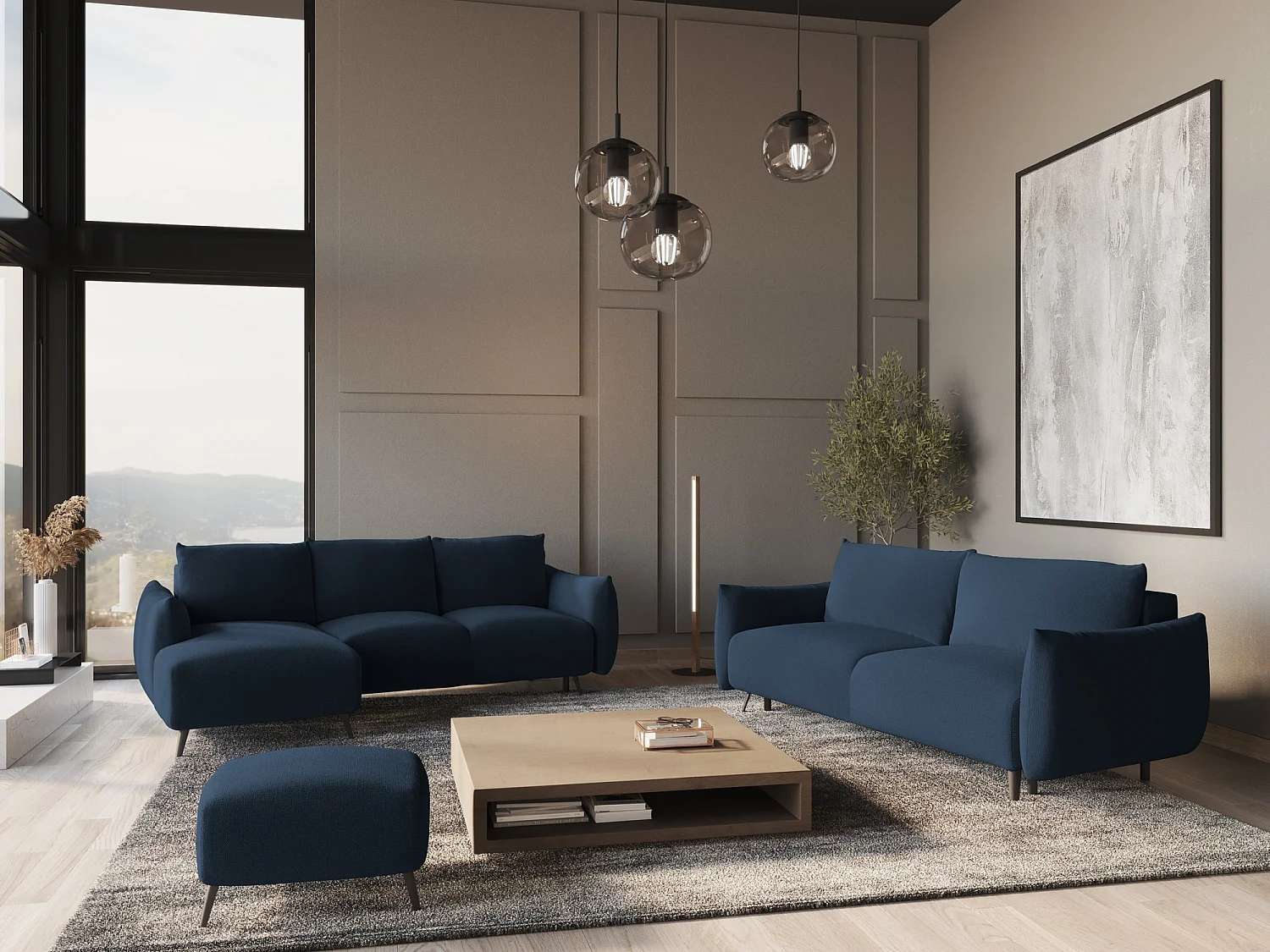 Hoekslaapbank links van koningsblauw chenille stof - MALIE