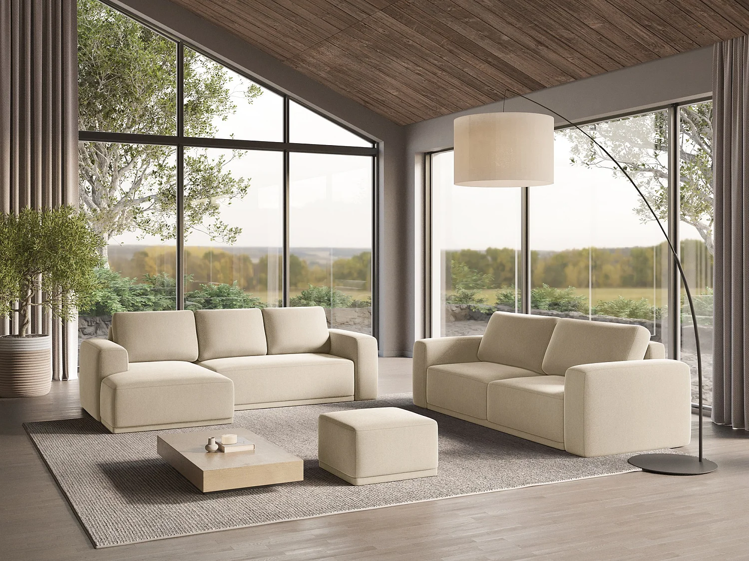 3-Sitzer Ecksofa mit Schlaffunktion - Ecke Links - Samt - Hell beige - KAILA