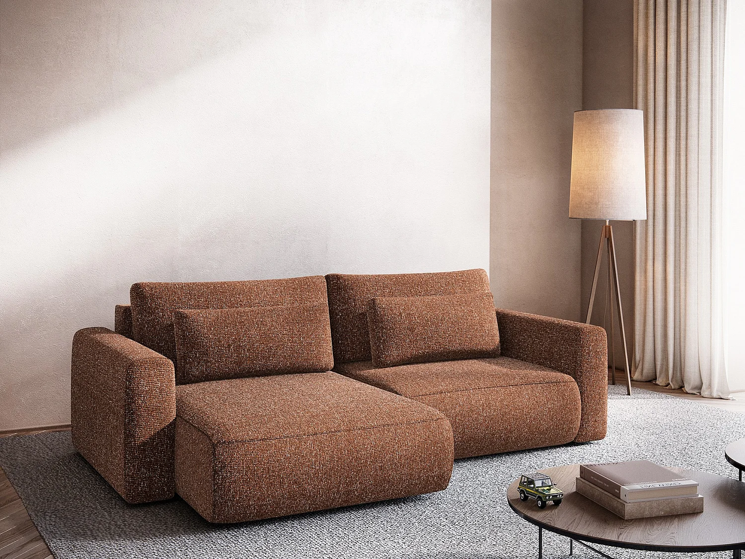 Sofá esquinero convertible 2,5 plazas izquierdo de tela texturizada terracota - KAPUA