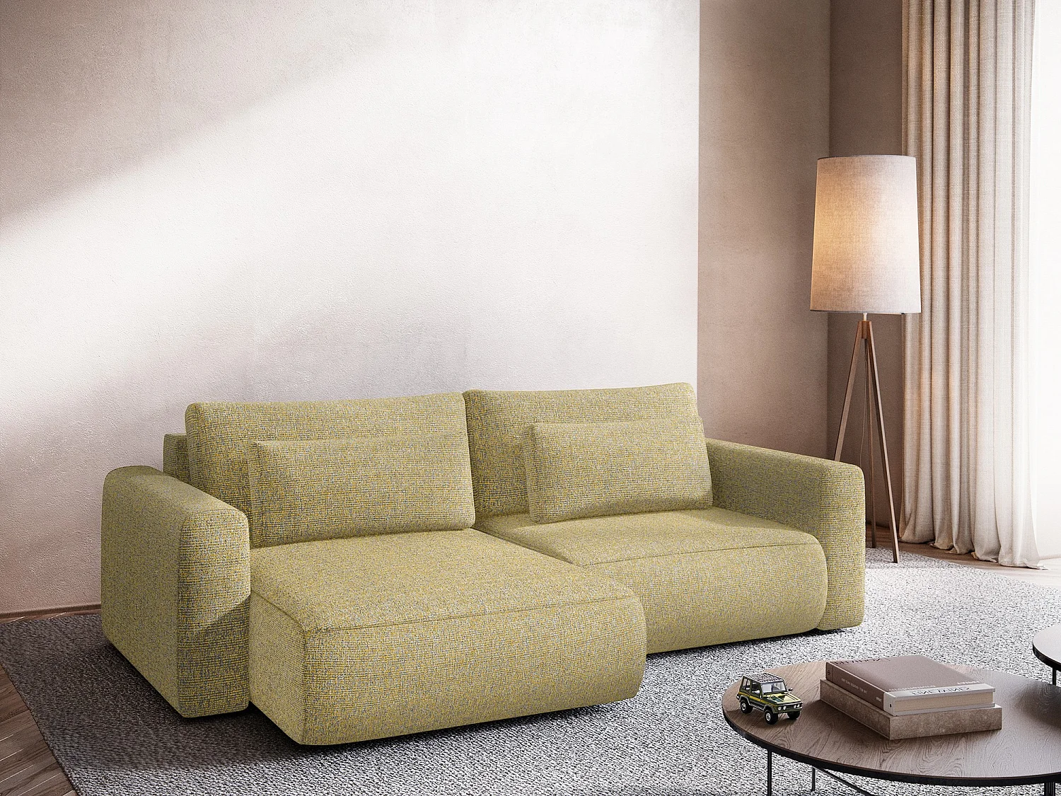 Canapé d’angle 2,5 places gauche convertible en tissu texturé - moutarde - KAPUA