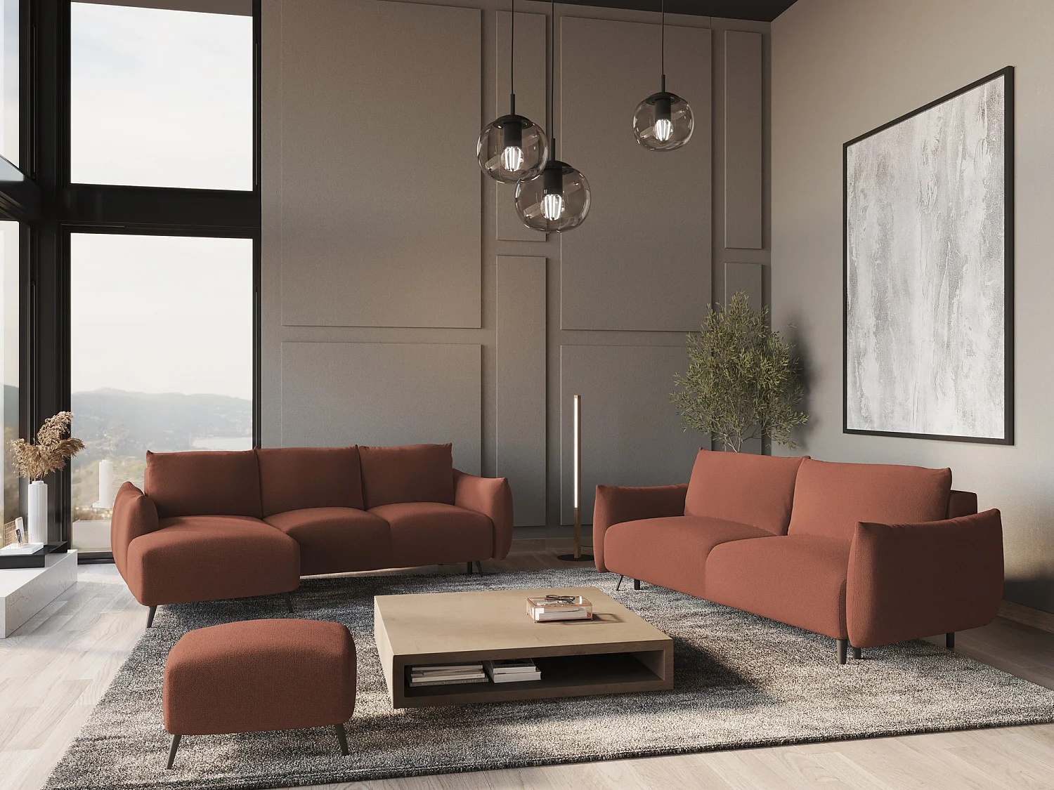 Hoekslaapbank links van gedempt roze chenille stof - MALIE